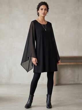 connected apparel Black Long-Sleeve Chiffon Panel A-Line Dress Size 16